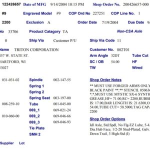 9TF*** 2.2K 5 ON 5" ***IDLER W/EZ LUBE, NO FLG, HF=71, OB=54, 32 DOWN, 3" HIGH PROFILE, PER TAG#122426657, ** MUST USE FORGED ARMS ONLY, **,** BLACK PAINT **,** STENCIL 0506364 ON AXLE *,*,MUST USE MYSTIC SX-6 SYNTHETIC GREASE